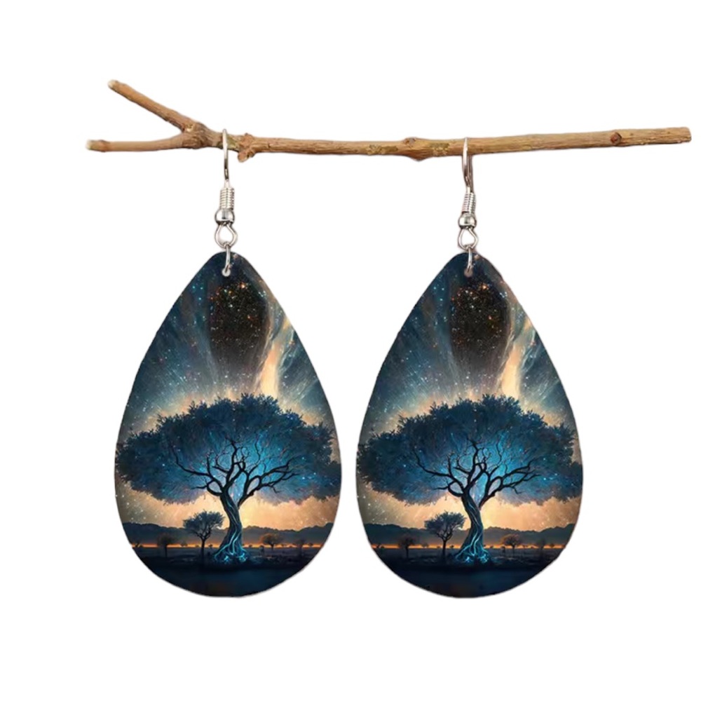 Leather Starry Night Tree Design Teardrop Drop Earrings
